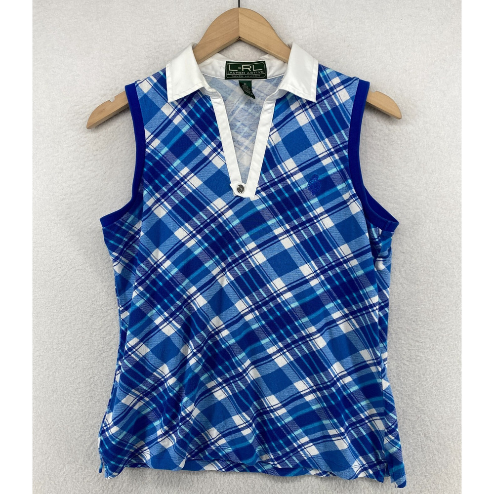 LAUREN RALPH LAUREN Shirt M ACTIVE Plaid Sleeveless Golf Polo Tennis Cotton Blue